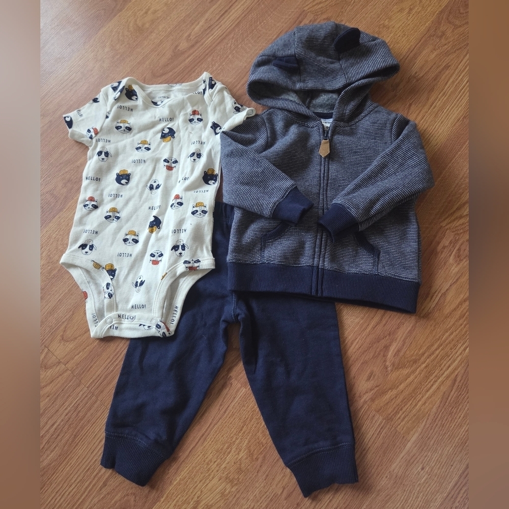 Carter's NWT Baby 9 Months 3pc Set Animal Bodysuit, Hoodie Bear Ears, Pants